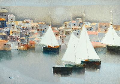 Lido Bettarini, geb. 1927, Pomino-Rufina, Seeblick, südliche Hafenansicht mit Segelbooten, Öl/Lwd, signiert, auch rückseitig signiert, ca. 70 x ...
