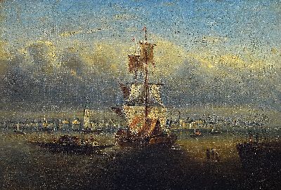 Zuschreibung: Abraham Storck, 1644-1708 Amsterdam, maritime Landschaft Segelschiff vor Hafensilhouette, restauriert und doubliert, Sammlungsstempel ...