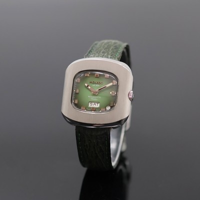 MOVADO Kingmatic Video HS 360 Armbanduhr in Stahl, Schweiz um 1975, Automatik, matt. Geh., Boden verschr., grünes Zifferbl. m. aufges. Std.-Ind., ...