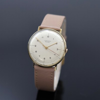 JUNGHANS Meister Armbanduhr in GG 585/000, Deutschland um 1965, Handaufzug, Junghans Lederband m. verg. neutr. Dornschl., Boden aufgedr., silb. ...