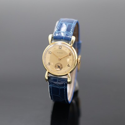 ESZEHA Armbanduhr in GG 585/000, Schweiz um 1940, Handaufzug, tropfenförmige Bandanstöße, Boden aufgedr., gold. Zifferbl. m. gold. Std.-Ind. u. ...