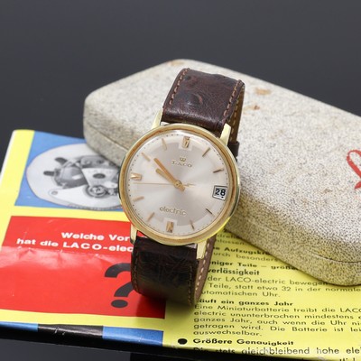 LACO Electric Armbanduhr in GG 585/000 mit Backwinder, Deutschland 1960er Jahre, Boden aufgedr., silb. Zifferbl. m. gold. Std.-Ind., gold. Zeiger, ...