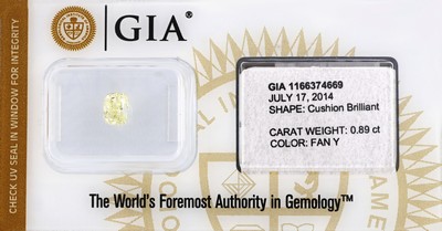 Loser Diamant, Cushion Brillant, 0.89 ct Natural Fancy Yellow, eingeschweißt, IGI -Expertise