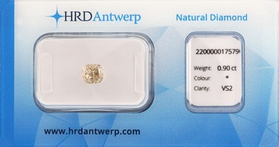 Loser Diamant, Cushion Cut, 0.90 ct Natural Light Yellowish Brown/vs2, 5.58 x 5.09 x 3.58 mm, eingeschweißt, HRD-Expertise