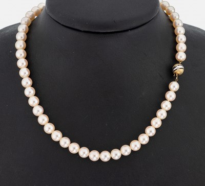 Akoyazuchtperl-Collier, Perlen, D. ca. 6.7 mm, L. ca. 37 cm, Kugelschließe Metall verg.