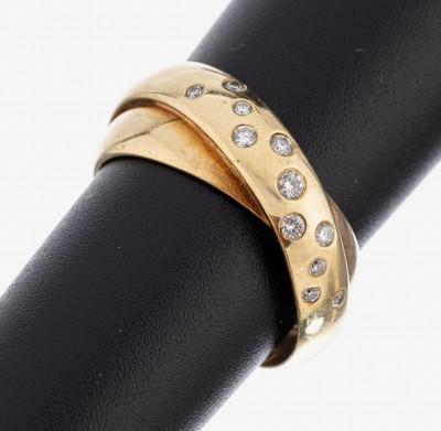 14 kt Gold Brillant-Ring, GG 585/000, 11 Brillanten zus. ca. 0.15 ct Weiß/si-p, RW 55, ca. 8.3 g, pers. Inschrift