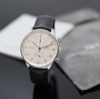 IWC Portugieser Armbandchronograph Referenz 3714, Automatik, Edelstahlgeh. inkl. orig. Lederband m. orig. Dornschl., Boden 4-fach verschr., silb. ...