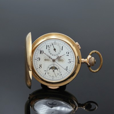 Herrensavonette mit Vollkalender, Chronograph und 1/4 Repetition in RG 750/000, Schweiz um 1910, glattes 3-Deckel Goldgeh. l. dell., Cuvette m. ...