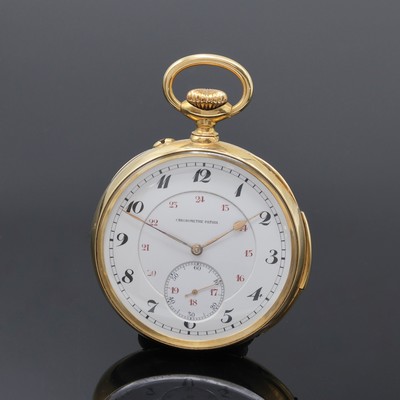 CHRONOMETRE PATRIA offene Herrentaschenuhr mit Minutenrepetition in GG 750/000, Schweiz um 1920, großes, guill. 2-Deckel Goldgeh. m. à- Goutte ...