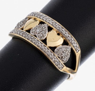 14 kt Gold Brillant-Ring, GG 585/000, durchbrochen mit Herzen, 58 Brillanten zus. ca. 0.25 ct (grav.) Weiß-l.get.Weiß/p, RW 58, ca. 3.1 g