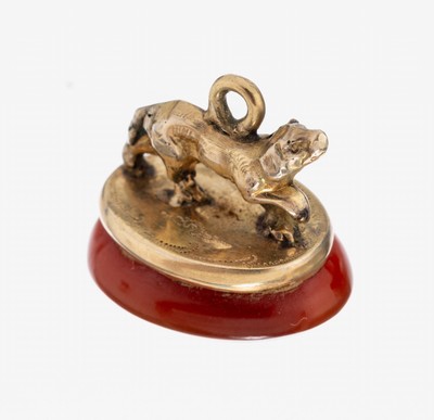 8 kt Gold Karneol-Petschaft, um 1890-1900, GG 333/000 gepr., als Anhänger tragbar, Darstellung eines Hundes, freie Karneolplatte,ca. 3.5 g