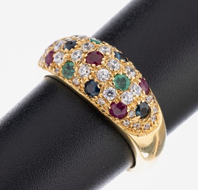 8 kt Gold Rubin-Saphir-Smaragd-Ring, GG 333/000, 5 rundfacett. Rubine, 5 rundfacett. Saphire und 3 rundfacett. Smaragde zus. ca. 0.20 ct, 36 ...