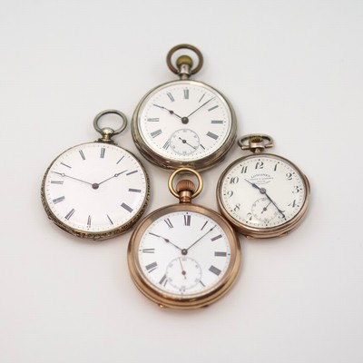 LONGINES/CUERVO Y SOBRINOS und 3 weitere offene Taschenuhren, um 1840 - 1920, 3 x im Silbergeh., 1 x verg., Emailzifferbl. teilw. besch., gebl. ...