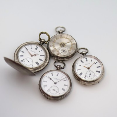 3 offene, englische Sterlingsilber Schlüssel- Taschenuhren und eine weitere Savonette in Silber, England/Schweiz/USA um 1870 - 1900, Zifferbl. 3 x ...