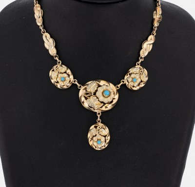 Ausgefallenes Türkis-Collier, um 1900, 800er Silber verg., Mittelteil aus 3 ovalen Elementen und 1 bewegl. Abhängung, Blüten und Blätter ...