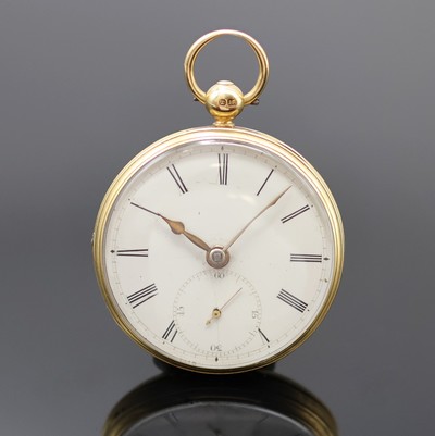 Offene GG 750/000 Spitzzahnanker- Herrentaschenuhr Nr. 4716, Hallmark London 1837, guill. Geh. ber., guill. Rand, Emailzifferbl. riss., kl. Sek. bei ...