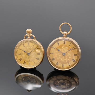 2 offene Zylindertaschenuhren in RG 585/000 und 375/000, um 1880, 1 x Schlüssel- und 1 x Kronenaufzug, vollgrav. Geh. dell., verg. Metallcuv., gold. ...