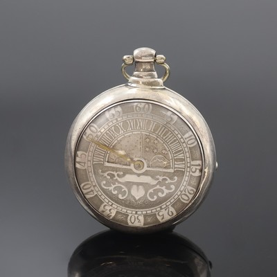 Schwere Sterlingsilber-Spindeltaschenuhr mit Tag/Nacht-Anzeige als Stundenzeiger, Hallmark London 1820, glattes Geh. und Übergeh. dell./Rep., ...
