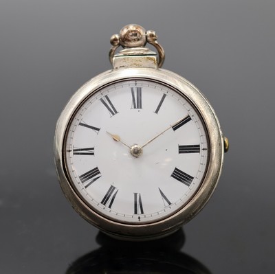Spindeltaschenuhr im Sterlingsilber- Doppelgehäuse Nr. 11082, Hallmark Birmingham 1840, glatte Geh. dell., Emailzifferbl. m. fetten röm. Zahlen ...