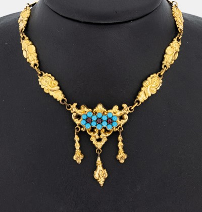Biedermeier Türkis-Granat-Collier, um 1860, Silber verg., Mittelteil mit 3 bewegl. Abhängungen, kl. runde Türkis-Cabochons, 3 kl.rundfacett. ...