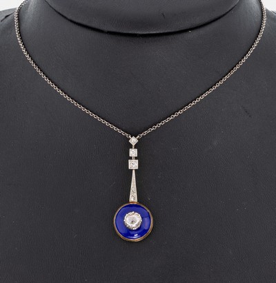 14 kt Gold Art Deco Diamant-Collier, um 1920, GG 585/000 gepr., schauseitig part. Platin,runder Abschluss blau emailliert, mit in Silber gefasster ...