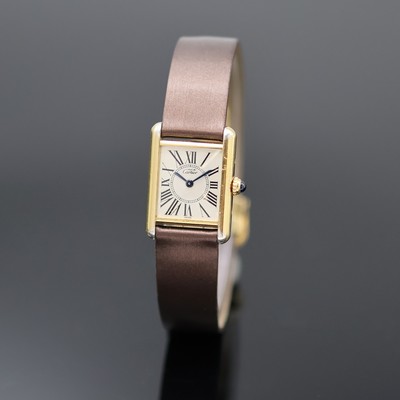 CARTIER Paris Damenarmbanduhr Tank Vermeil Referenz 5057001, Schweiz 1990er Jahre, verg. Silbergeh. altersbed. ber., orig. Lederband m. orig. ...