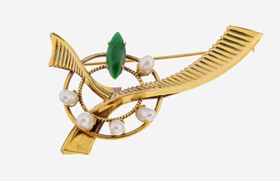 14 kt Gold Jade-Perl-Brosche, GG 585/000, abstrakte Form, Jade-Navette und 5 unrunde Zuchtperlen, L. ca. 6 cm, ca. 7.2 g