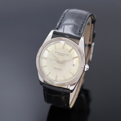 BAUME & MERCIER Baumatic Armbanduhr in Stahl Referenz 1162, Schweiz 1950er Jahre, Automatik, Boden verschr., silb. Zifferbl. pat./fleck., silb. ...