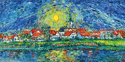 Peter Dörffel, 1935 Halle-2021 Heidelberg, Blick auf Ladenburg, im Duktus Vincent van Goghs, rechts unten signiert und datiert 1974,Öl/Lwd, ...
