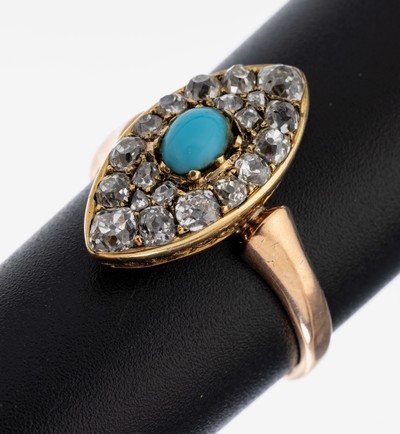 14 kt Gold Türkis-Diamant-Ring, um 1910, GG585/000, sogn. Schiffchenring, mittig ein Türkiscabochon, umgeben von 20 Altschliffdiamanten zus. ca. ...