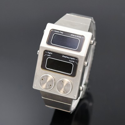 HEUER / FORD RS Split-Lap-Unit 77 seltene Herrenarmbanduhr Referenz 9.053.208, Schweiz um 1975, pultförmiges Edelstahlgeh. inkl. orig. Gliederband ...