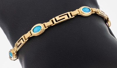 14 kt Gold Farbstein-Armband, GG 585/000, 5ovale Opal-Synthesen, stil. Mäandermuster, L. ca. 19.5 cm, Karabinerschließe, ca. 11.4 g