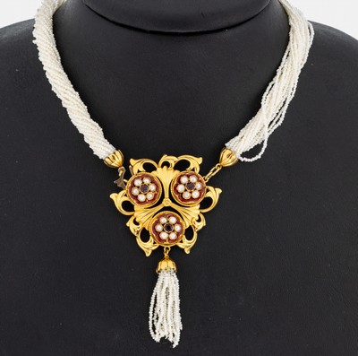 18 kt Gold Perl-Granat-Collier, GG 750/000,16-rhg., Quastenabhängung mit Perlen, Mittelschließe mit Halbperlen und 3 facett. Granaten, ...