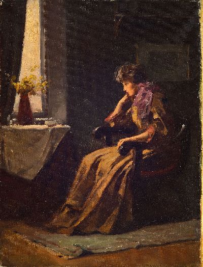 Endre Komaromi-Kacz, 1880-1969, Junge Frau im Lehnstuhl, versonnen aus dem Fenster blickend, Öl/Lwd, links unten kaum lesbar signiert, ca. 44x34cm, ...