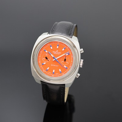 BREITLING Sprint seltener Armbandchronograph Referenz 2016, Schweiz um 1970, Handaufzug, Kunstharz-Geh., oranges Ziffebl. m. aufges. Std.-Ind., ...