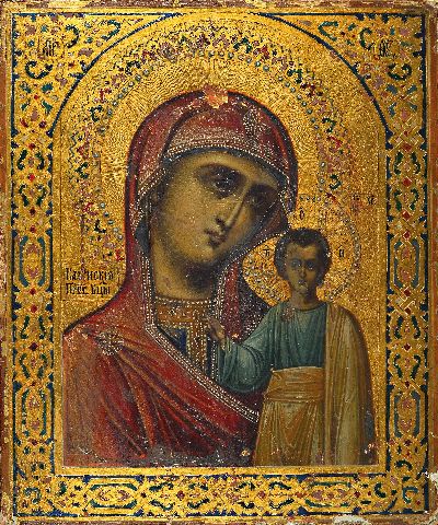 Zwei Ikonen, Russlang, 2. Hälfte 19. Jh., Christus Pantokrator und Mutter Gottes mit Jesuskind, Tempera/Holz, ca. 35 x 30.5 cm, l. Altersspuren, ...