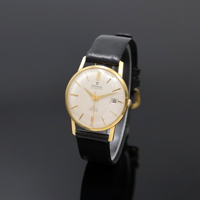 PIERCE Herrenarmbanduhr in GG 750/000, Automatik, Schweiz um 1965, 3-teil. Goldgeh., Boden und Glasrand aufgedr., silb. Zifferbl. m. aufgel. Indizes, ...