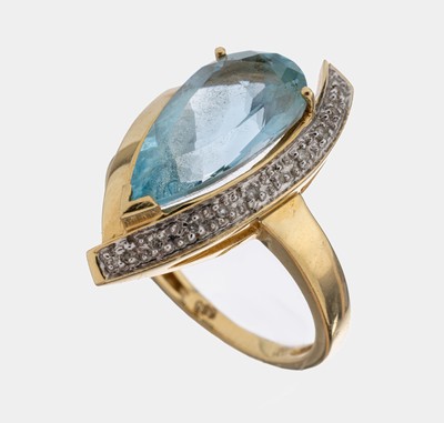14 kt Gold Topas-Diamant-Ring, GG 585/000, facett. tropfenf. Blautopas (beh.) ca. 6.80 ct, 10 8/8-Diamanten zus. ca. 0.05 ct Weiß/p, RW 55.5, ca. ...