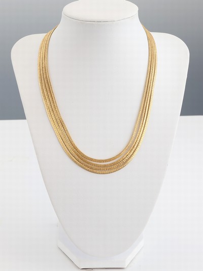 18 kt Gold Collier, GG 750/000, Oberfläche strukt., 4-rhg., L. ca. 42 cm, Kastenschloss mit Sicherheitsacht, ca. 60.2 g