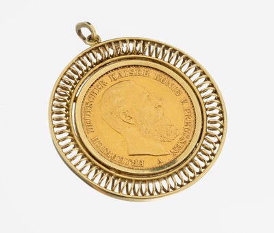 14 kt Gold Münz-Anhänger, GG 585/000, lose gefasste Goldmünze, 20 Mark, Deutsches Reich, 1888, Friedrich Deutscher Kaiser König von Preußen, ...