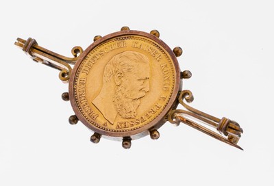 8 kt Gold Münz-Brosche, GG 333/000 gepr., gefasste Goldmünze, 10 Mark, 1888, Friedrich Deutscher Kaiser König von Preußen, L. ca. 4.8cm, ca. 7.3 ...