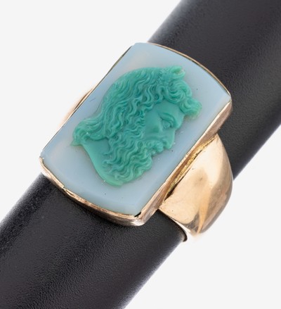 14 kt Gold Herrenring, GG 585/000, Glaspaste-Einlage mit Darstellung des Zeus, RW59, ca. 9.4 g