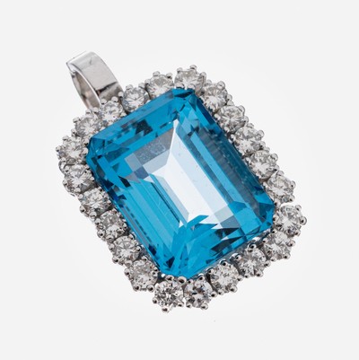 14 kt Gold Topas-Brillant-Clipanhänger, WG 585/000, mittig Blautopas (beh.) im Treppenschliff ca. 22.00 ct, sehr schöne, intensive Farbe, 22 ...