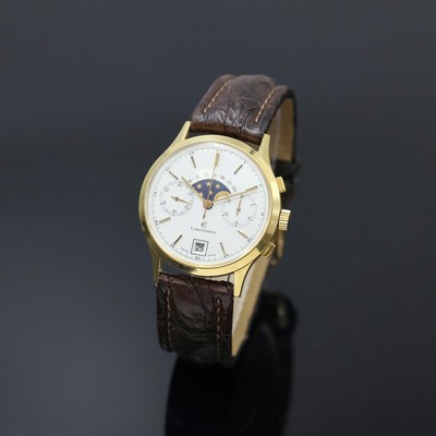 CHRONOSWISS Herrenchronograph mit Mondphase in GG 750/000, Schweiz um 1990, Handaufzug, 3-teil. Geh., Boden u. Glasrand aufgedr., Korrekturdr. seitl. ...