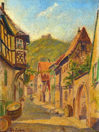 Fritz Lederle, 1901-1975 Ludwigshafen, Schloßgasse Hambach mit Blick auf das Hambacher Schloß, links unten signiert, Öl/Lwd, Rahmen 44,5x34cm