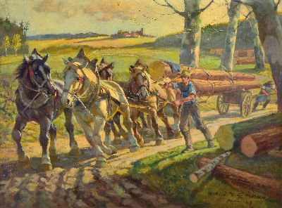 Albin Tippmann, 1871 Wurzen-1952 München, Gespann aus 4 Pferden beim Holzrücken mit zwei Bauern, eingebettet in Landschaft mit Burg, rechts unten ...