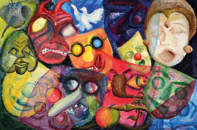 Hermann-Josef Maibach, 1939-2015 St. Goarshausen, Komposition aus Masken, Öl/Lwd,unten signiert, Rahmen 90x128 cm