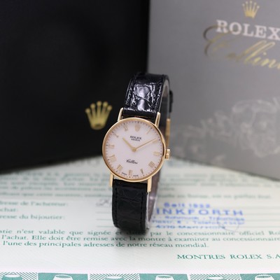 ROLEX Cellini Damenarmbanduhr in GG 750/000 Referenz 5109/8, Schweiz verk. lt. beil. Zertifikat 12/1991, Handaufzug, Boden aufgedr., Rolex Lederband ...