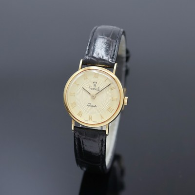 VICENCE Milor Armbanduhr in GG 585/000, Schweiz um 2000, quarz, Boden aufgedr., champagnerfarb. Zifferbl. im Zentrum guill., röm. Zahlen, gold. ...