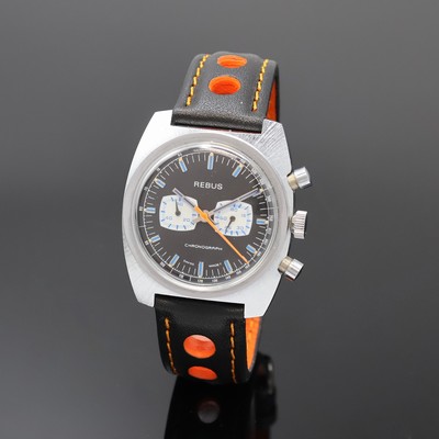 REBUS Armbandchronograph, Handaufzug, Schweiz um 1970, verschr. Geh., Stahlboden aufgedr., schwarzes Zifferbl. m. aufgel. Indizes und ...